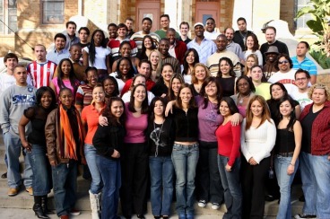 The Freedom Writers gather outside the school with their beloved teacher Mrs. Gruewell